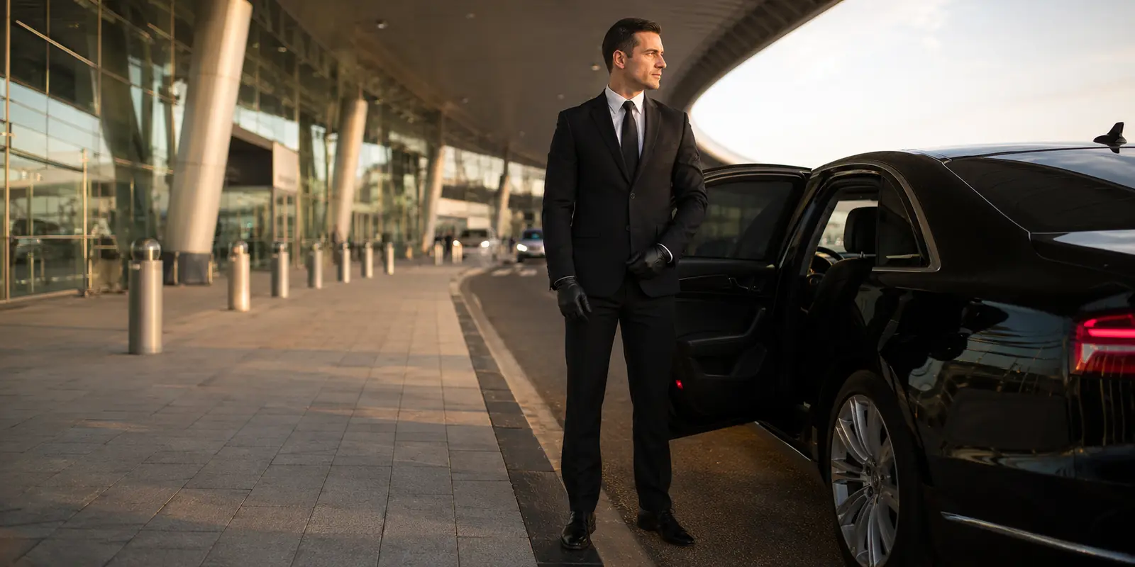 Professional chauffeur beside a black executive sedan at an airport terminal