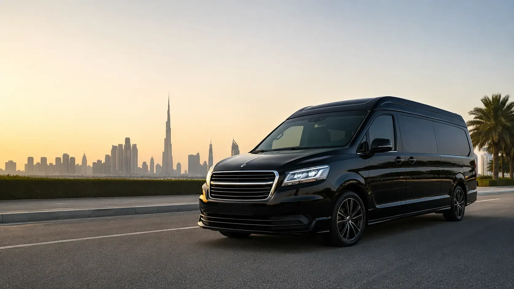 Black passenger van on a road with the Dubai skyline at sunset
